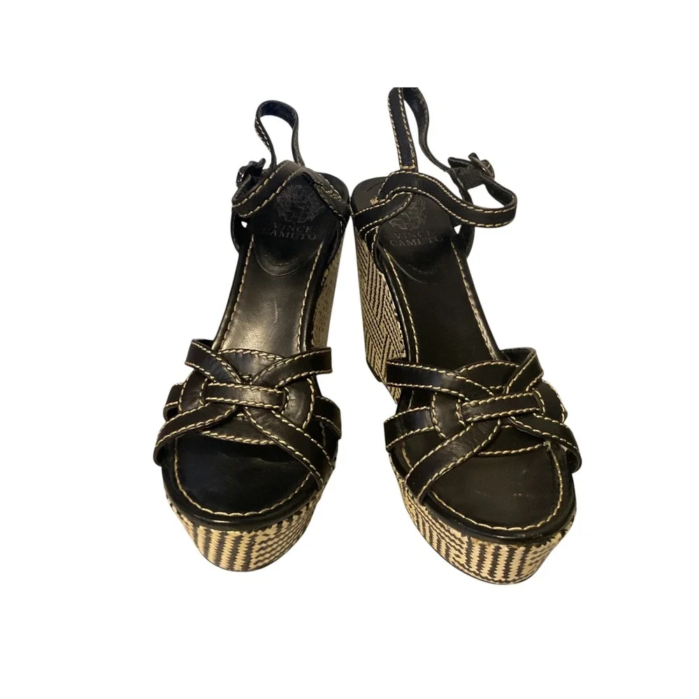 Vince Camuto Black Leather Woven Geometric Platform Wedge Sandals 9B 39